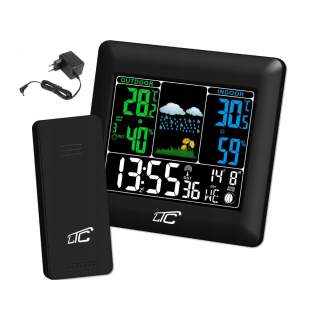 Vremenska postaja z barvnim zaslonom, zunanjim senzorjem, budilko in napajalnikom črna